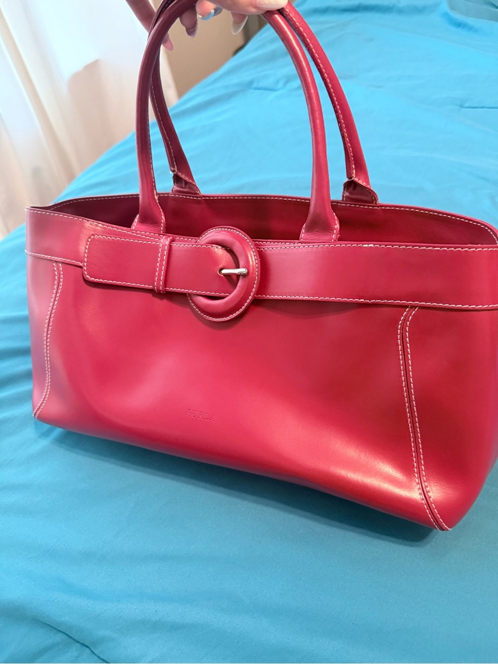 Furla Cherry Red Leather Tote with Buckle Detail